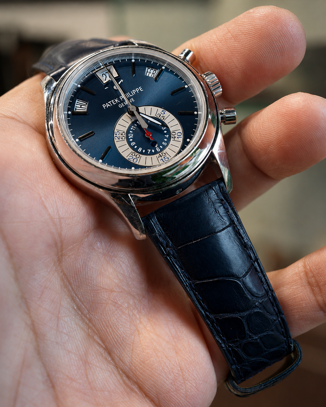 Dark blue bespoke alligator strap for Patek Philippe 5960P by Ted Su Straps