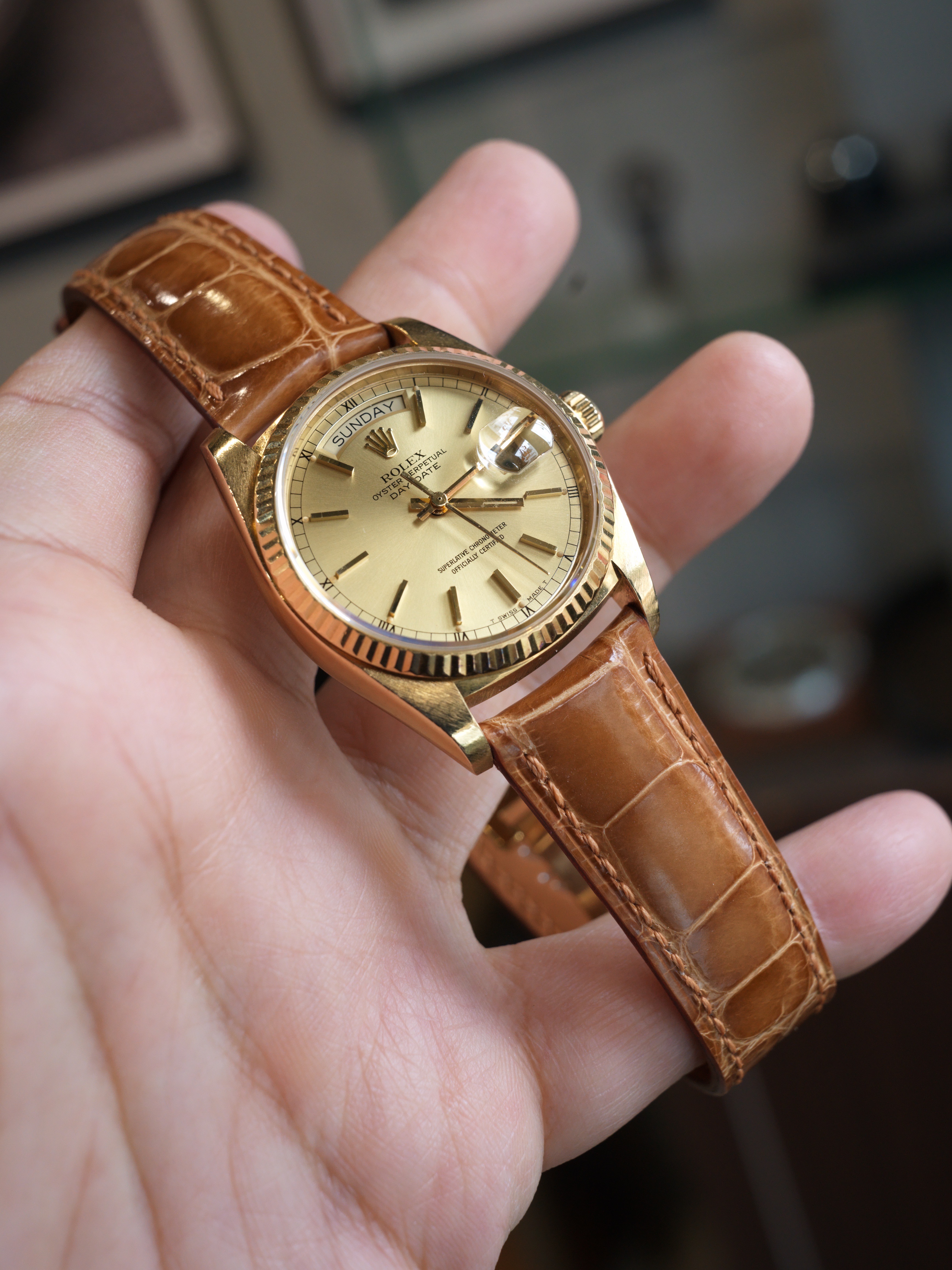 Bespoke gloss copper alligator Rolex Day-Date strap by Ted Su Straps